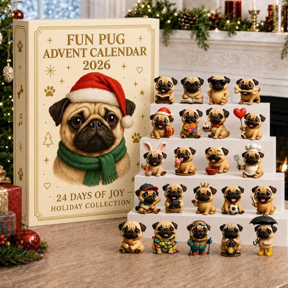 2026 Pug Christmas Advent Calendar, 24-Day Holiday Countdown with 3D PVC Mini Pug Figurines, Collectible Christmas Decorations for Tabletop, Desk and Shelf