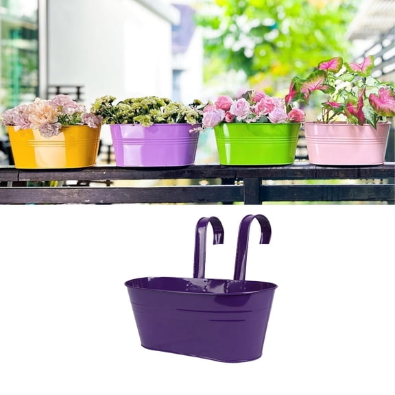 2026 Purple Metal Hanging Flower Pot – Outdoor Balcony Rail Planter with Detachable Hooks for Herbs, Flowers & Veggies