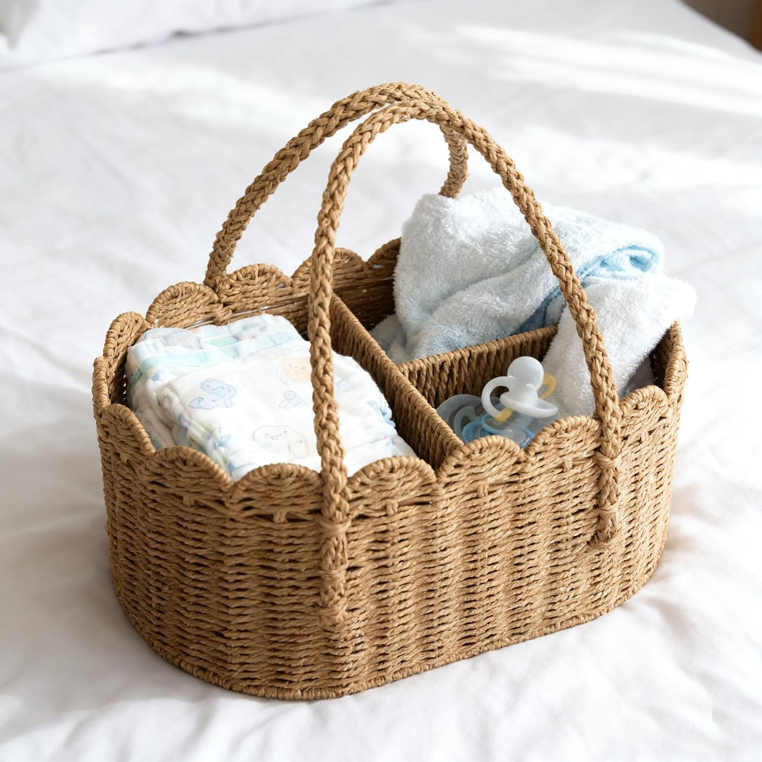 2026 Rattan Diaper Caddy Organizer, Woven Paper Rope Storage Rattan Baskets with Removable Divider, Portable Car Organizer for Diapers, Shower Gifts, Essentials Must Haves