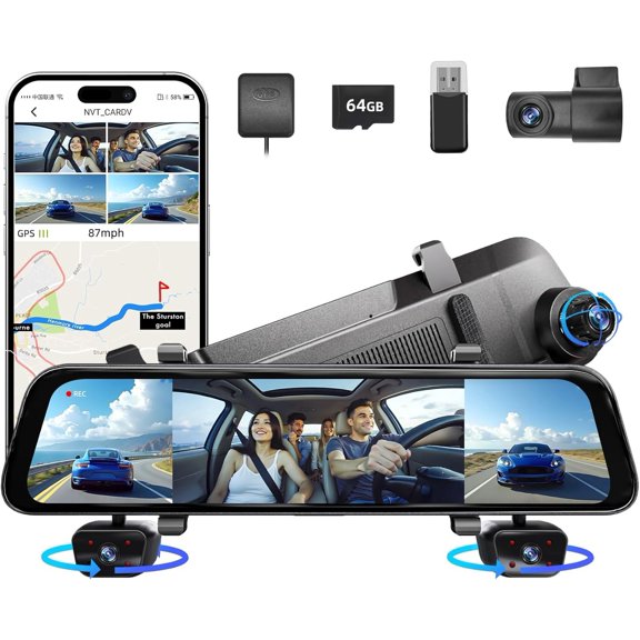 2026 Rearview Mirror Camera,4 Mirror Dash Cam Front and Rear,Rear View Mirror Backup Camera for & ,12" Screen,Built-in 5.8GHz WiFi,GPS,IR Night Vision,Free 64GB SD Card
