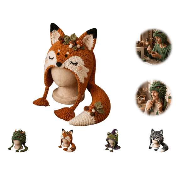 2026 Red Fox Hood Hat DIY Crochet Kit Series,Animal Crochet Kit for Beginners with Step-by-Step Instructions,All-in-One Complete Set for Dragon Fox Wolf Frog Rainbow Hoods,Craft Gift