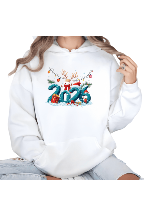 2026 Reindeer Cartoon Theme Graphic Cotton and Comfortable Tee T Shirt Tops Hooded long-sleeved White S-2XL