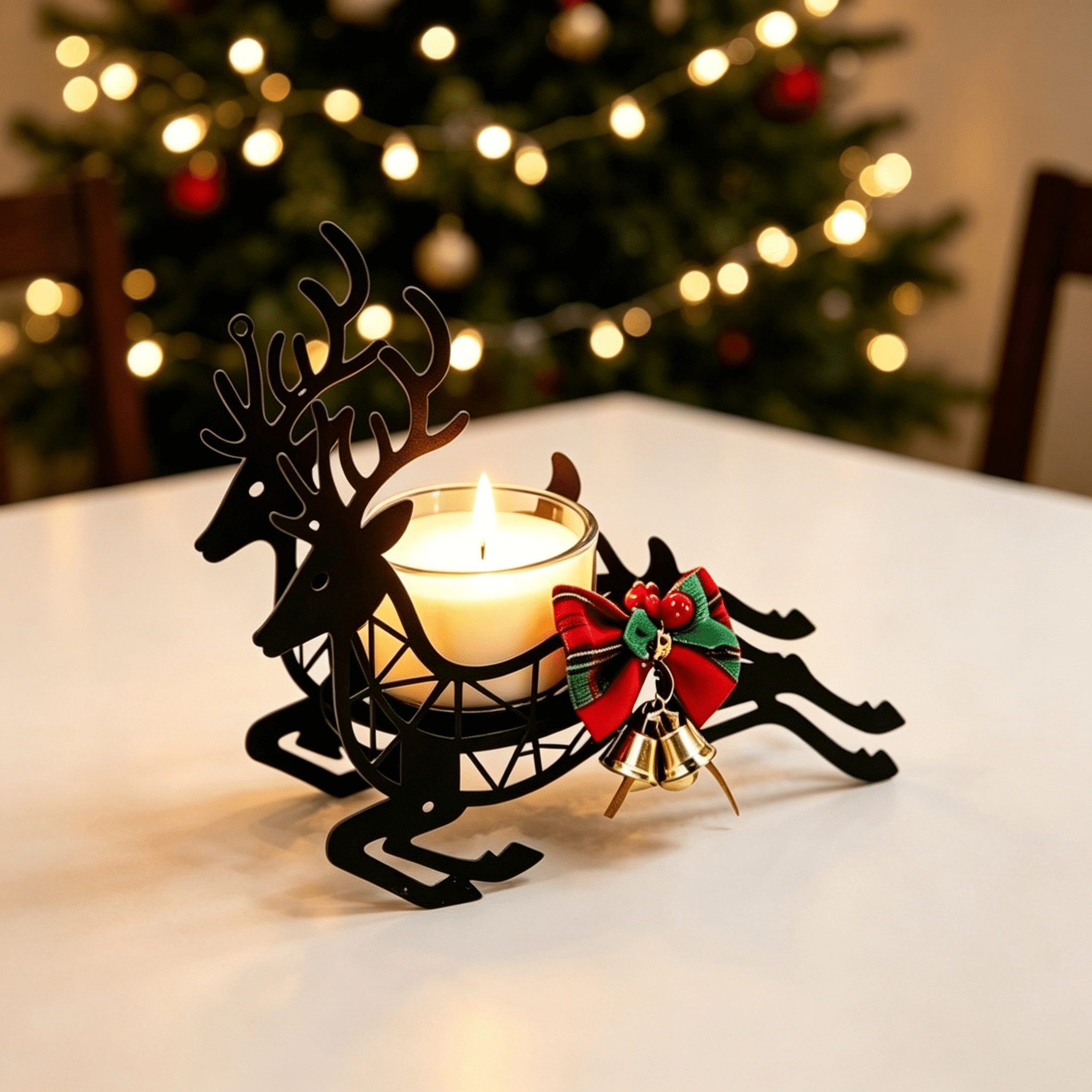 2026 Reindeer Metal Candle Holder with Plaid Bows and Bells, Black, for