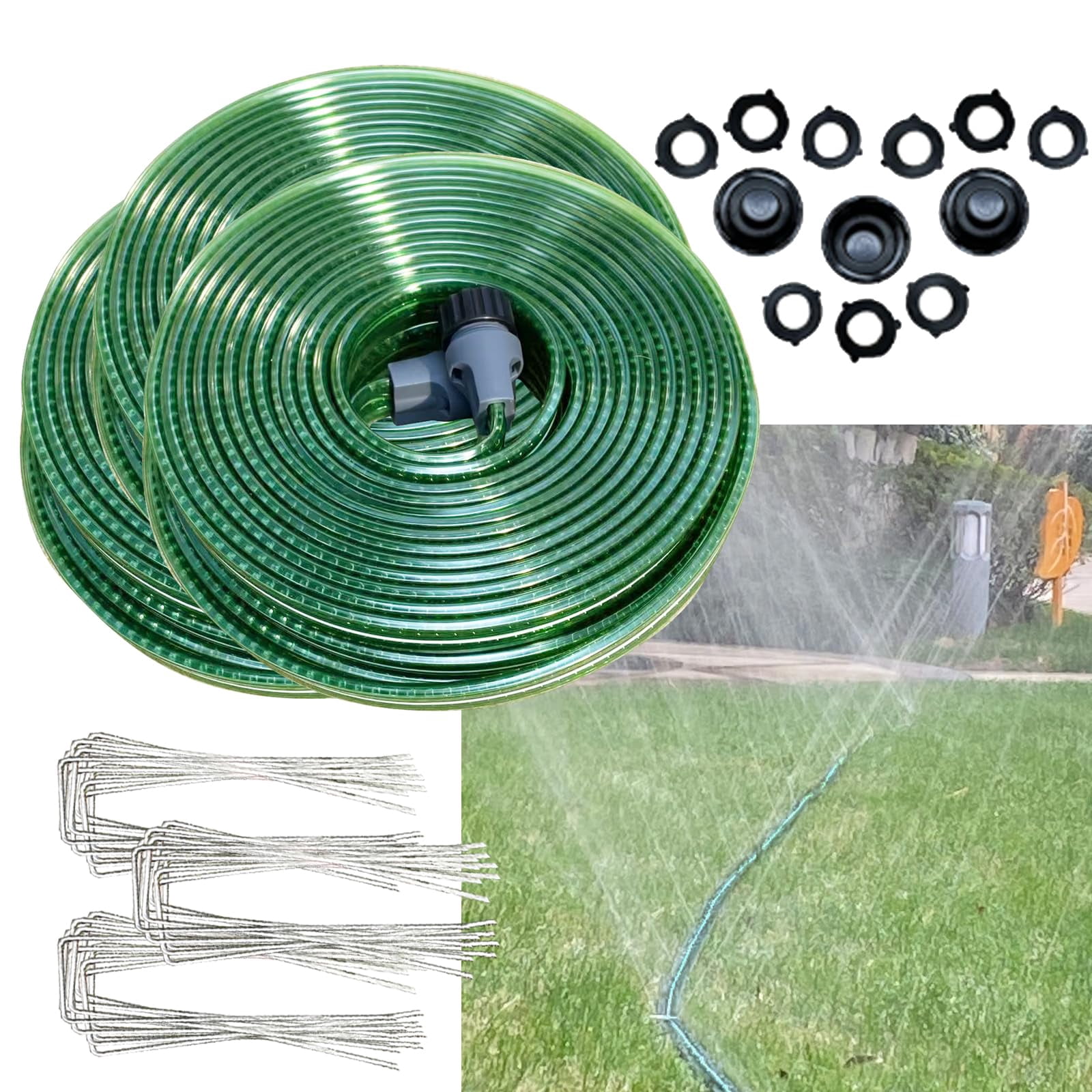 2026 Reinforced Sprinkler Hose & Soaker Hose for Yard - 50/ 100FT Flat Garden Hose with Holes, Heavy Duty No-Kink Lawn Irrigation Hose (Includes Stakes, High Pressure Spray)