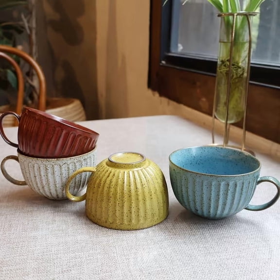 2026 Retro Spotted Vertical Striped Ceramic Mug 9.3 oz Vintage Coffee Tea Cup for Hot & Cold Beverages, Dishwasher & Microwave Safe