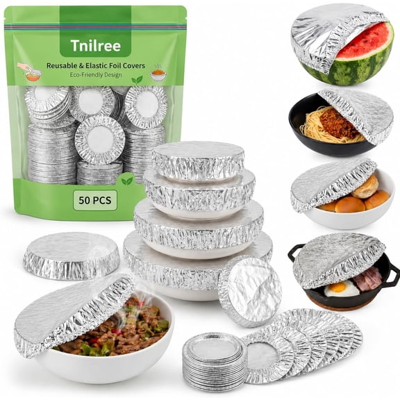 2026 Reusable Aluminum Foil Food Covers, 50/100Pcs Pop-Up Tin Foil Food Insulation Cover, Food Grade Aluminum Covers with Elastic for Food Bowls & Plates, Heat Retaining Insulated Foil Covers (50Pcs)