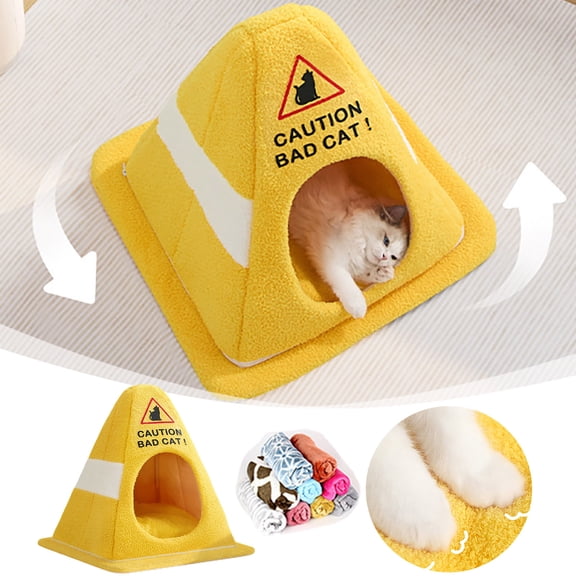 2026 Roadblock Cat Bed - Funny Caution Sign Design Soft Fleece Pet House with Removable Blanket - Cozy Cave for Small and Large Cats (Yellow, L Size)