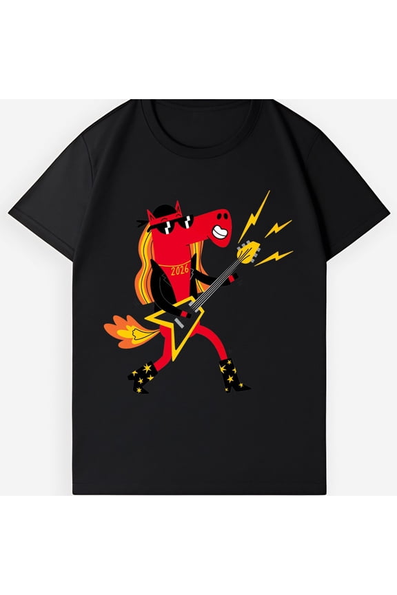 2026 Rock 'n' Roll Red Horse Electric Guitar Graphic Tee-Streetwear Edgy T-Shirt