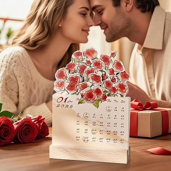 2026 Rose Illustration Wooden Desk Calendar, Natural Solid Wood Artistic Countdown Planner with Lunar Dates, Elegant Desktop Organizer for Office Study Home Gift Boxed