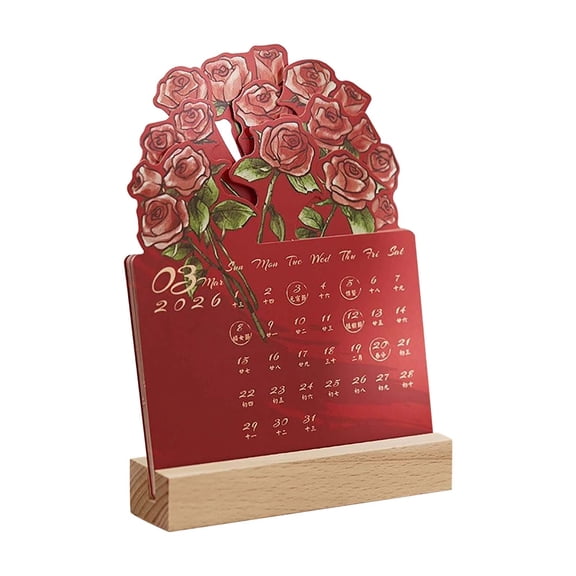 2026 Rose Illustration Wooden Desktop Calendar Solid Wood Construction Gift Box 1 Count