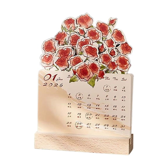 2026 Rose Illustration Wooden Desktop Calendar with Gift Box Decorative Countdown Planner