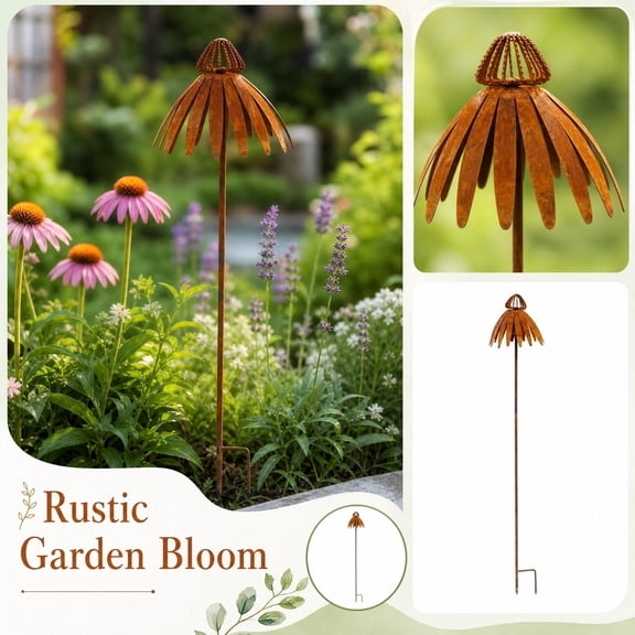 2026 Rustic Metal Coneflower Garden Stakes, Rusted Iron Flowers Yard Art, 30.7x4.72 Inch, Weather-Resistant Lawn Pathway, Patio Decor Echinacea