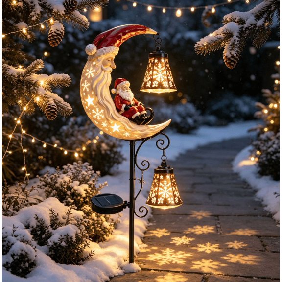 2026 Santas Moonlight Lantern Solar Garden Stake, Christmas Outdoor Solar Pathway Light, Moon Santa Sculpture with Projecting Snowflake Pattern for Yard Lawn Decor