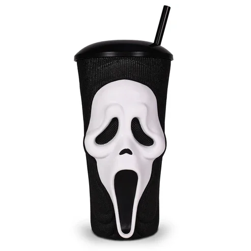 2026 Scream 7 Ghost Face 3D Sculpted Cup with Straw, Great for Hot & Cold Drinks, 20 oz, Black & White