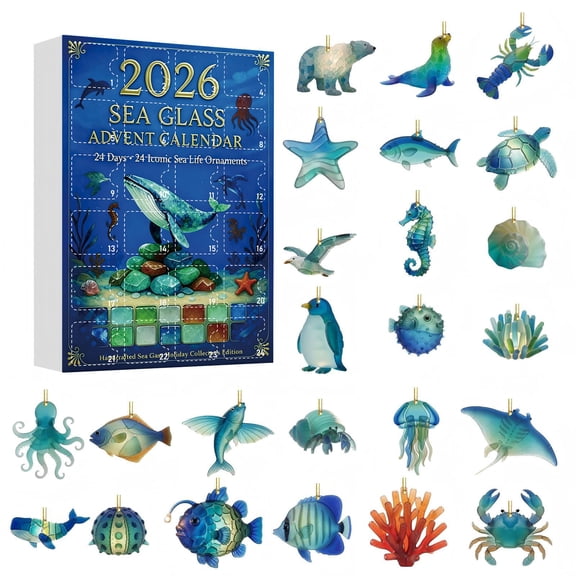 2026 Sea‑Glass Advent Calendar, 24‑Day Coastal Christmas Countdown Calendar, Collectible Flat Acrylic Marine Animal Hanging Ornaments, Ocean‑Themed Holiday Keepsake Decor Gift for Beach Lovers