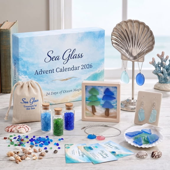 2026 Sea Glass Advent Calendar, 24‑Day Countdown DIY Jewelry Making Kit, Ocean‑Themed Advent Calendar with Sea‑Glass Accessories, Holiday Surprise Gift for Women & Teens