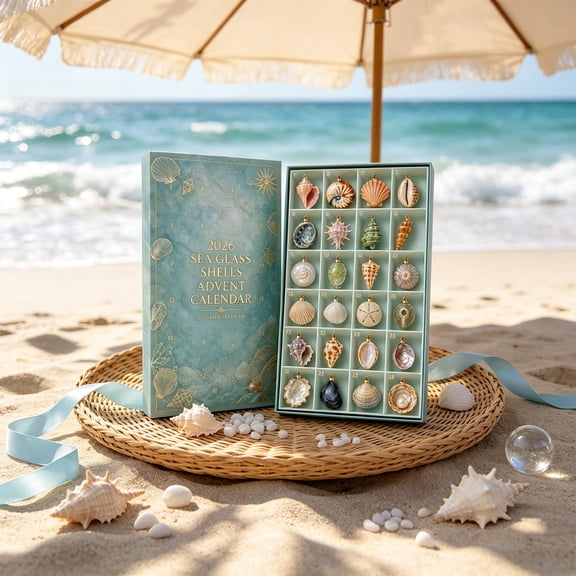 2026 Sea Glass Shells Advent Calendar - 24 Day Christmas Countdown Box with Natural Shell Ornaments, Coastal Hanging Decor for Ocean Lovers Gift