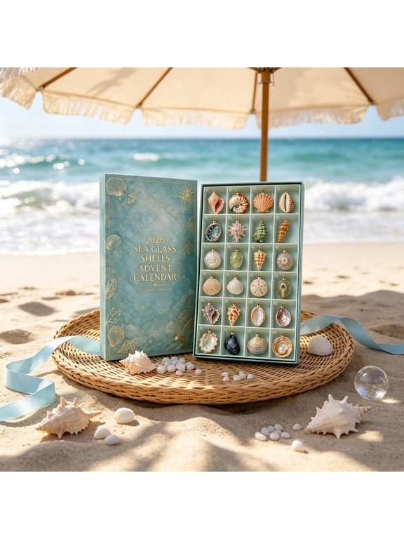 2026 Sea Glass Shells Advent Calendar - 24 Day Christmas Countdown Box with Natural Shell Ornaments, Coastal Hanging Decor for Ocean Lovers Gift