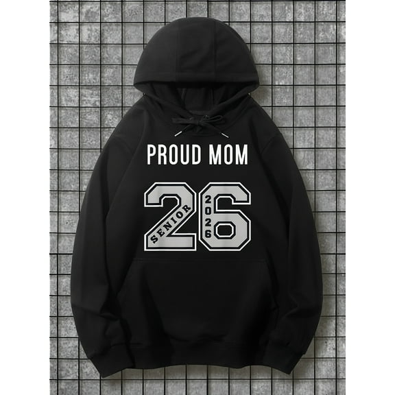 2026 Senior Mom & 2025 Couple Hoodie - "Proud Mom" Print, Black Casual Sweatshirt with White Lettering, All-Season Comfort, Outdoor Hiking & Casual Attire
