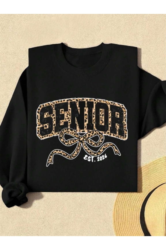 2026 Senior Year Graduation Sweatshirt - Golden Leopard Print SENIOR Lettering & Bow Tie Design, Class of 2026 Numbered & Gown Inspired Pullover, Machine Washable Polyester All-Season Events Sweater