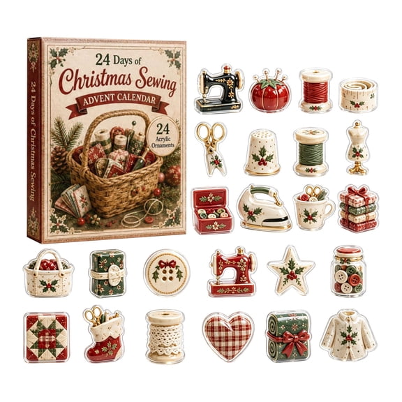 2026 Sewing Theme Advent Calendar, 24-Day Christmas Countdown Blind Box with Collectible Acrylic Hanging Ornaments, Vintage Craft & Needlework Holiday Decor Set for Adults & Collectors