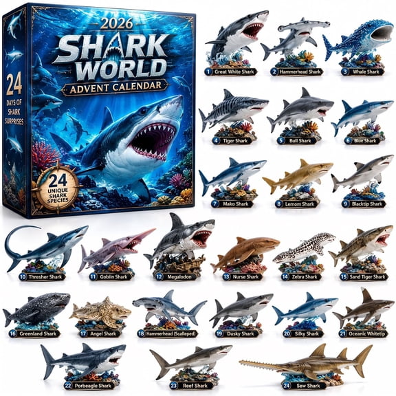 2026 Shark World Advent Calendar 24-Day Countdown with 2D Acrylic Sharks, Daily Surprise Ocean Collection, Christmas Gift for Shark Lovers & Collectors