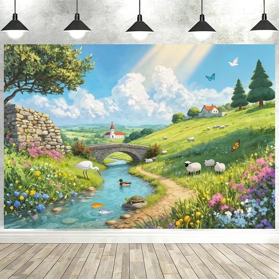 2026 Shepherd Pattern Backdrop Vacation Bible with Sheep Stream Stone Bridge Floral Garden and Church Background Classroom Party Decorations Banner Photo Booth Props