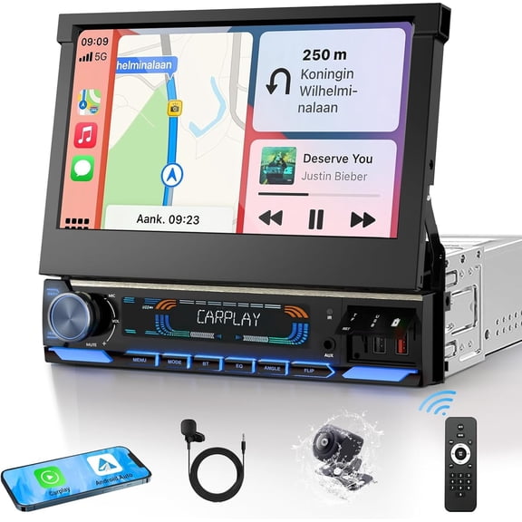 2026 Single Din  Stereo with    & , 7-inch  Motorized Flip Out Touchscreen  Unit,  Type-C  Charge// 5.1/DSP/AM/FM Radio Receiver
