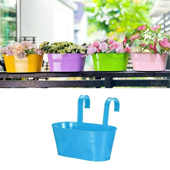 2026 Sky blue Metal Hanging Flower Pot – Outdoor Balcony Rail Planter with Detachable Hooks for Herbs, Flowers & Veggies