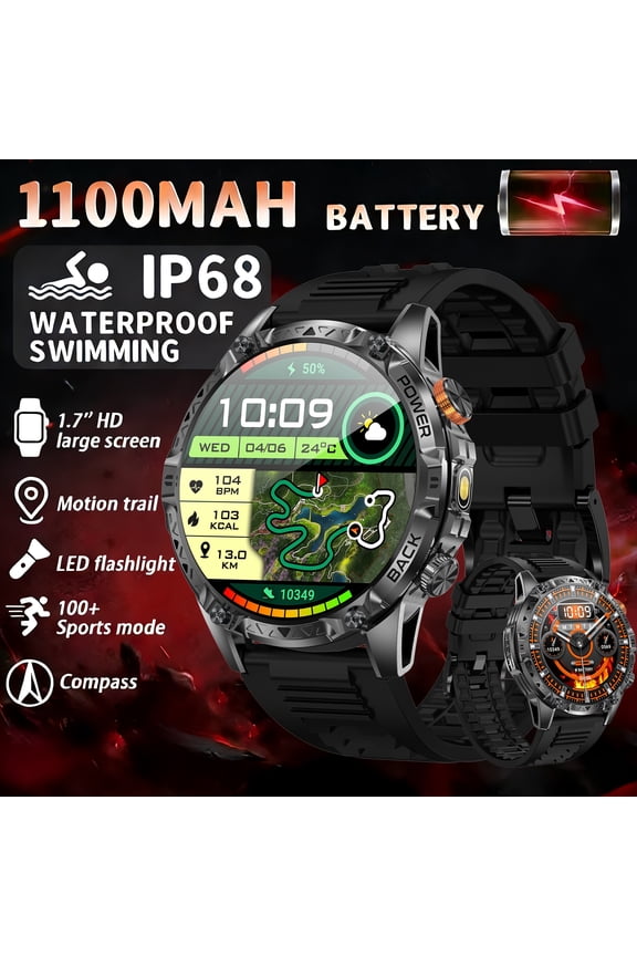 2026 Smart Watch, 1.7" HD Display, 1100mAh Battery, Wireless Call, AI Voice, LED Flashlight, 100+ Sports Modes, Fitness Tracker, iOS Android, Men's Gift