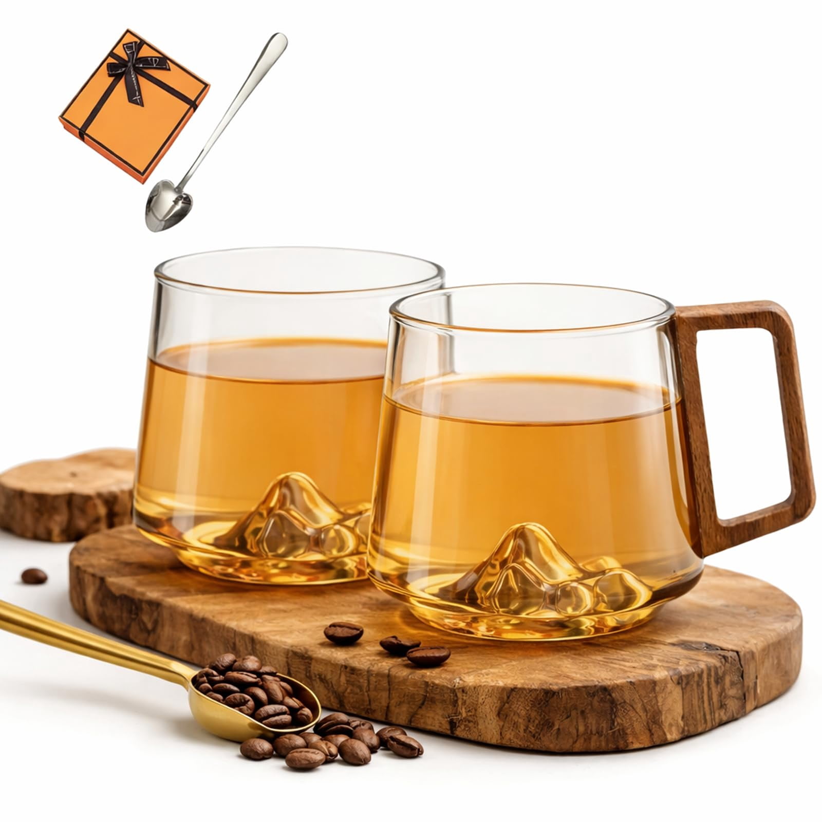 2026 Smokey Gray Glass Slanted Coffee Cups with Wooden Handle, Mountain Base Artistic Mug, Borosilicate Heat Resistant Drinkware for Latte Espresso Tea, Elegant Conical Design