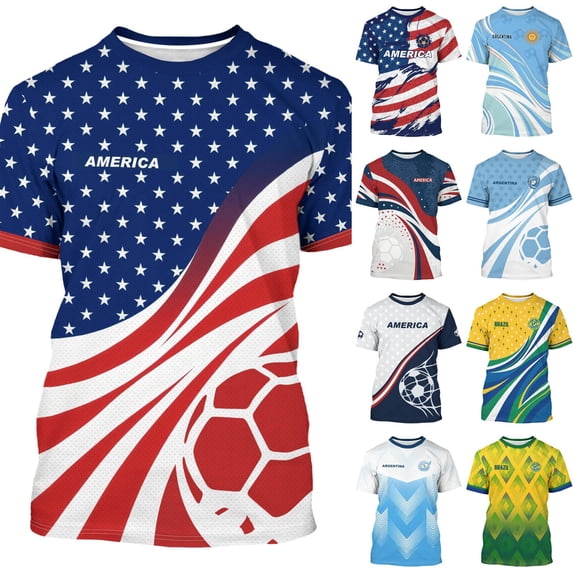 2026 Soccer Cup Dynamic Jersey for Men, Short Sleeve Crew Neck Athletic Tee with National Team Pattern & Ball Graphic for Match Day & Training Blue 16
