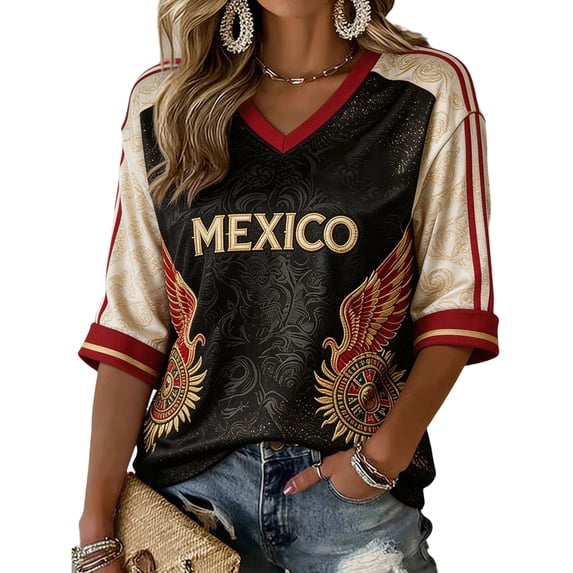 2026 Soccer Cup Fan Jersey for Women Short Sleeve Country Football Shirt Mexico World Soccer Flag Printed & Soccer Graphic T Shirts Black S