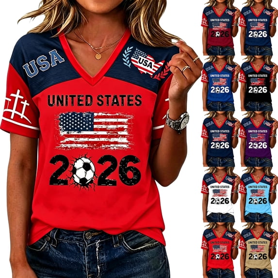 2026 Soccer Cup Fan Jersey for Women Short Sleeve Country Football Shirt USA World Soccer Flag Printed & Soccer Graphic T Shirts