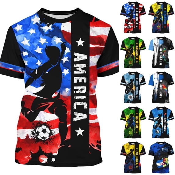 2026 Soccer Cup Graphic Jersey for Men, Short Sleeve Crew Neck Tee with Player Silhouette & Watercolor Flag for Streetwear & Fan Gathering Black 16