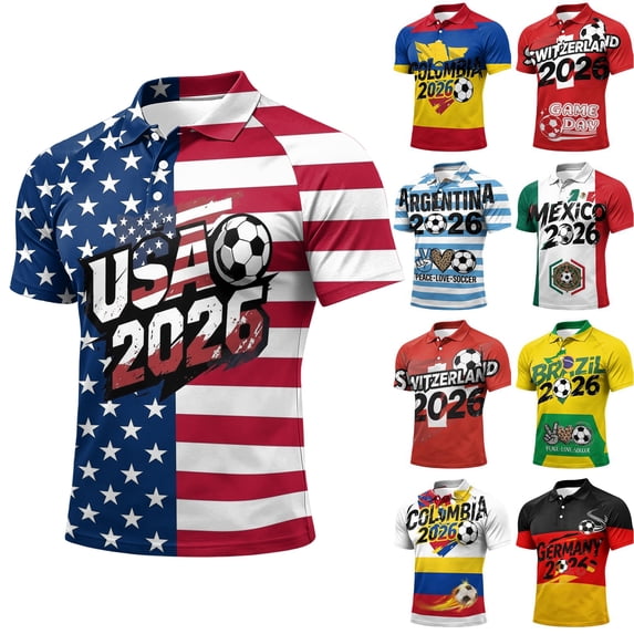 2026 Soccer Cup Jersey for Men, Polo Collar Short Sleeve Country Flag & Ball Graphic Top - Moisture-Wicking Fan Tee for Stadium & Daily Outings Green XL