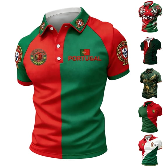 2026 Soccer Cup Jersey for Men, Polo Collar Short Sleeve Portugal Flag Crest Graphic Top - Breathable Fan Shirt for Match Day & Casual Wear Gold XXXXXXL