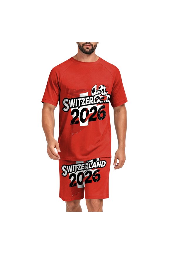 2026 Soccer Cup for Men Raglan Short Sleeve Pajama Set, Mexico Jersey Style Loungewear, International Football Graphic Sleepwear, Casual Sport Training Uniform, Breathable Shorts Set Gift Red XL