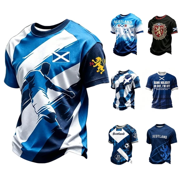 2026 Soccer Cup Raglan Short Sleeve T-Shirt for Men, Crew Neck Athletic Jersey - Scottish Football Player & Saltire Graphic Print Casual Summer Top for Daily Wear & Party Sky Blue L