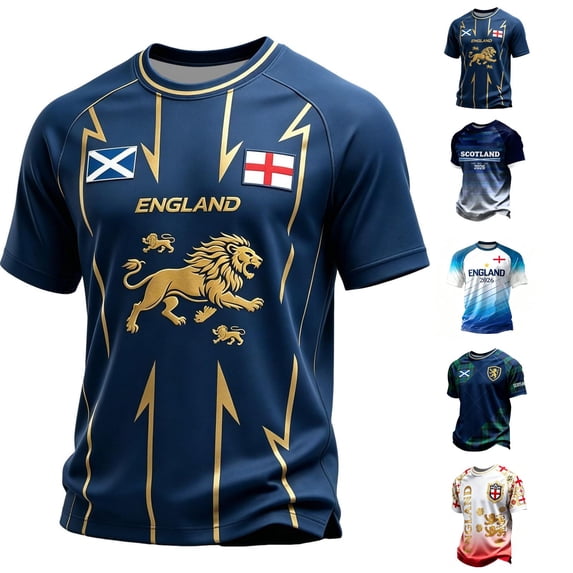 2026 Soccer Cup Raglan Short Sleeve T-Shirt for Men, Crew Neck Jersey Graphic Tee - England Lion & Flag Print Athletic Top for Daily Wear & Party Light Blue L