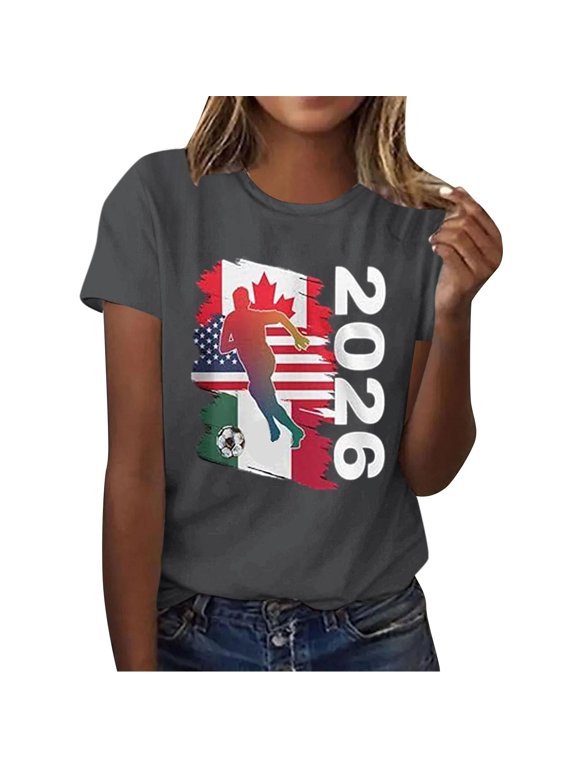 2026 Soccer Cup Shirts For Women Crewneck Football Sports Jerseys Tops Summer USA Canada Mexico Flag Graphic Tee