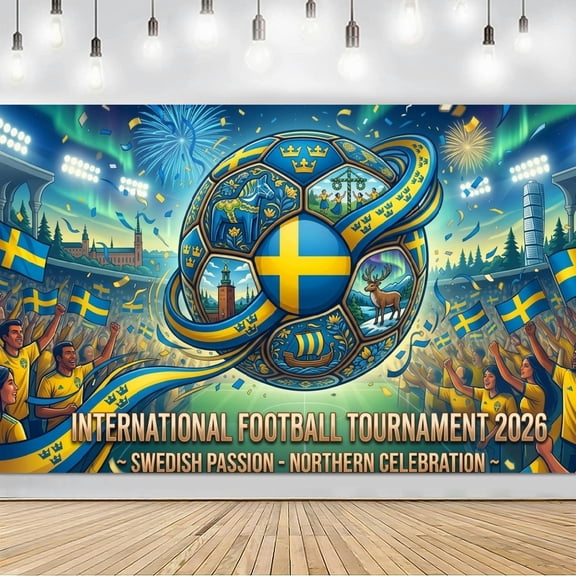 2026 Soccer Cup, Sweden Theme Football Game Celebration Print Backdrop Soocer Theme Party Banner Sports Viewing Photo Booth Decor for Kids Adults Game Day Supplies