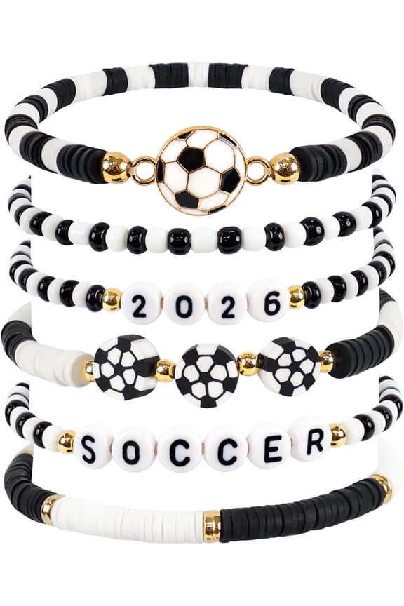 2026 Soccer Fan Bracelets Set - Black White Polymer Clay Beaded Jewelry with "SOCCER" Letters, Sports Gift for Men Women Teens