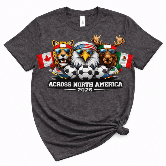 2026 Soccer Fan T-Shirt Across North America USA Canada Mexico Funny Mascot Graphic Tee Football Shirt Unisex Cotton T-Shirt