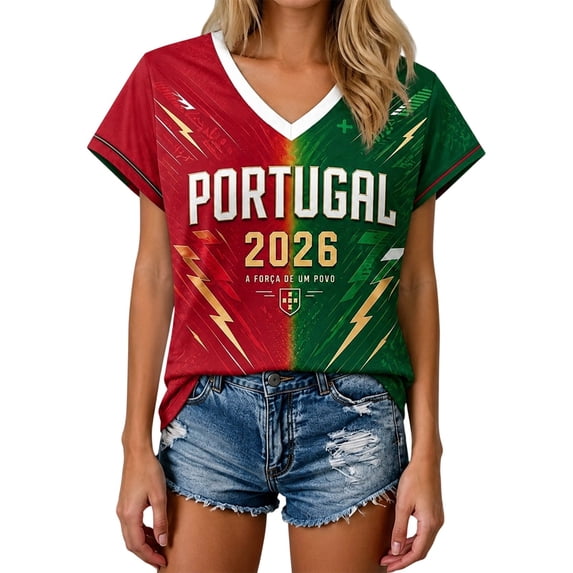 2026 Soccer Game Women's Portugal Themed V Neck Short Sleeve T-Shirt, Red Green Color Block Graphic Fan Tee, Breathable Casual Sport Top
