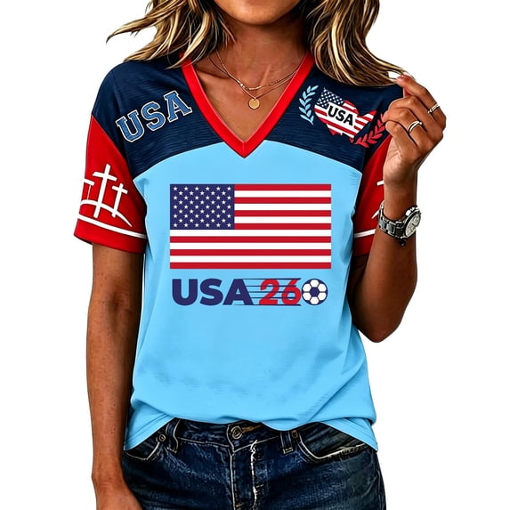 2026 Soccer Shirt for Women Usa Soccer Jersey Jersey Color Block V Neck Short Sleeve Raglan Shirts Loose Summer Tees, Sky Blue XXL