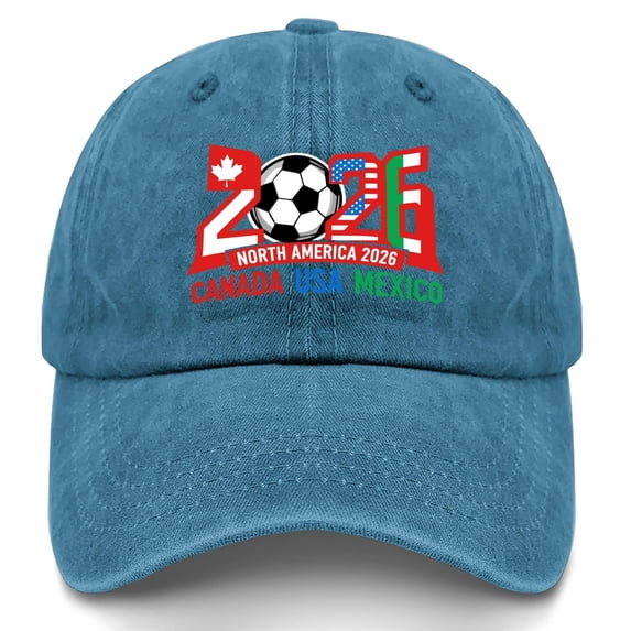2026 Soccer Supporters Cap, USA CAN MEX Host Printed Hat, Cotton Adjustable Football Fan Cap for Sports Events, Light Blue