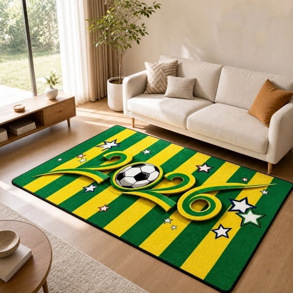 2026 Soccer Themed Area Rug Green Yellow Striped Non Slip Soft Carpet Floor Mat for Living Room Bedroom Football Fans Decor