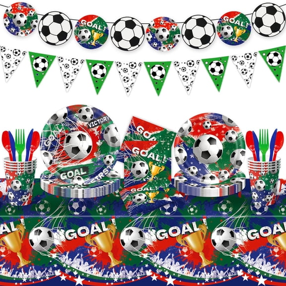 2026 Soccer Themed Party Kit for 24 Guests, Assorted Plates, Disposable Tableware, Napkins, Cups, Pull Flags & Tablecloth, Great for Game Watch Parties