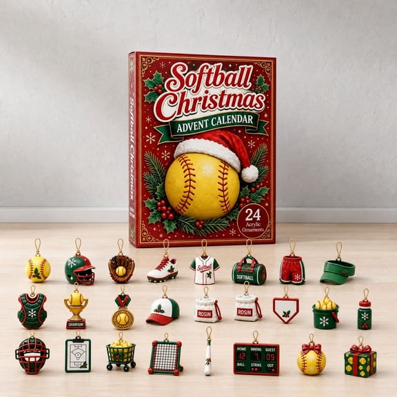 2026 Softball Christmas Advent Calendar, 24 Day Christmas Countdown with 24 2D Acrylic Softball Hanging Ornaments for Christmas Tree, Mantel, Window and Holiday Display